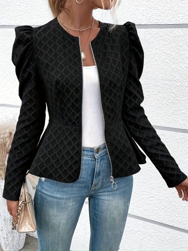 Textured Zip Up Slim Jacket, Elegant Puff Sleeve Jacket For Spring & Fall, Women's Clothing