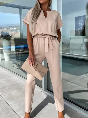 Solid Color Zipper Back Belt Jumpsuit, Elegant Short Sleeve Side Pockets Notched Neck Jumpsuit For Spring & Summer, Women's Clothing