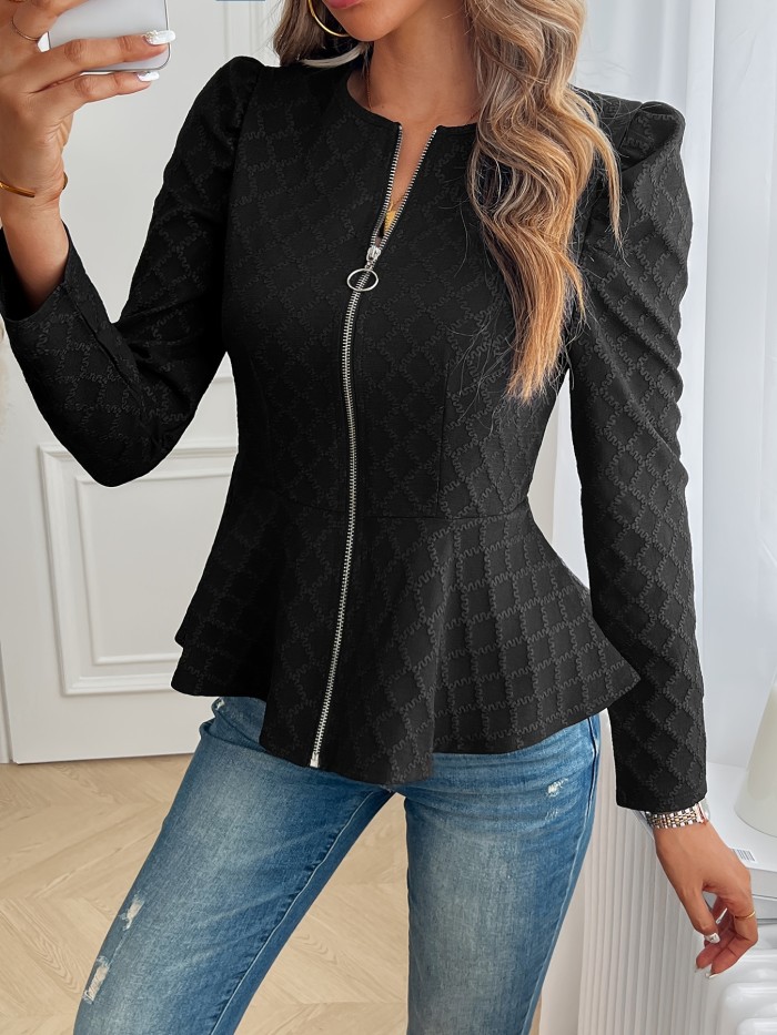 Textured Zip Up Slim Jacket, Elegant Puff Sleeve Jacket For Spring & Fall, Women's Clothing