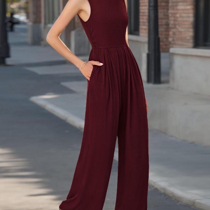 Solid Ruched Straight Leg Jumpsuit, Casual Mock Neck Slant Pockets Sleeveless Jumpsuit For Spring & Summer, Women's Clothing