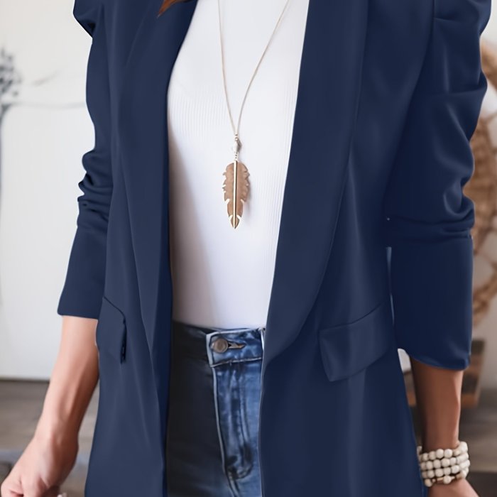 Solid Color Open Front Blazer, Stylish Lapel Puff Long Sleeve Blazer For Spring & Fall, Women's Clothing