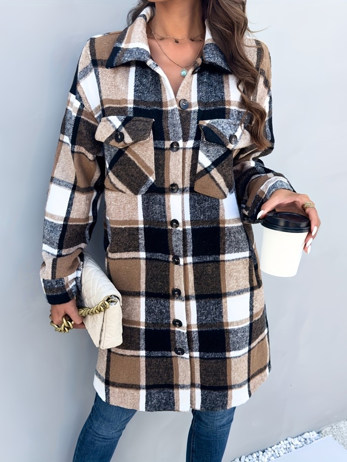 Plaid Pattern Button Up Shirt Jacket, Vintage Mid Length Turndown Collar Outwear With Pocket, Women's Clothing