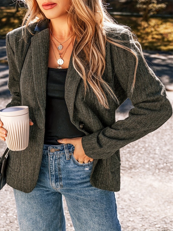 Patched Pockets Botton Front Blazer, Elegant Lapel Long Sleeve Blazer For Office & Work, Women's Clothing