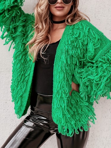 Tassel Open Front Knitted Cardigan, Elegant Long Sleeve Drop Shoulder Cardigan For Spring & Fall, Women's Clothing