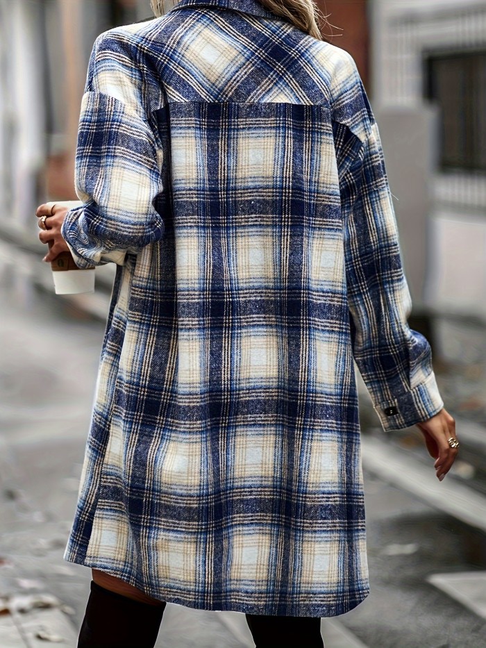 Plaid Pattern Button Up Shirt Jacket, Vintage Mid Length Turndown Collar Outwear With Pocket, Women's Clothing