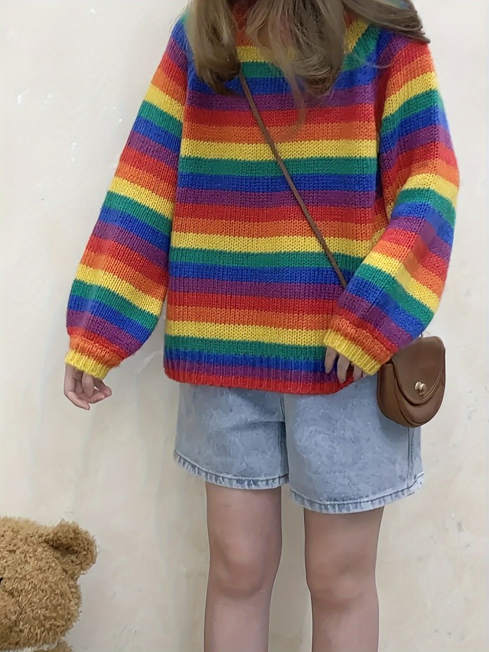 Rainbow Pattern Crew Neck Sweater, Casual Long Sleeve Drop Shoulder Sweater For Fall & Winter, Women's Clothing
