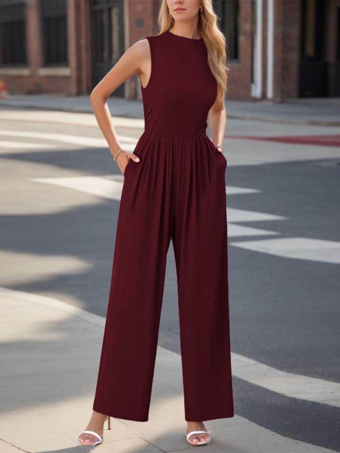 Solid Ruched Straight Leg Jumpsuit, Casual Mock Neck Slant Pockets Sleeveless Jumpsuit For Spring & Summer, Women's Clothing