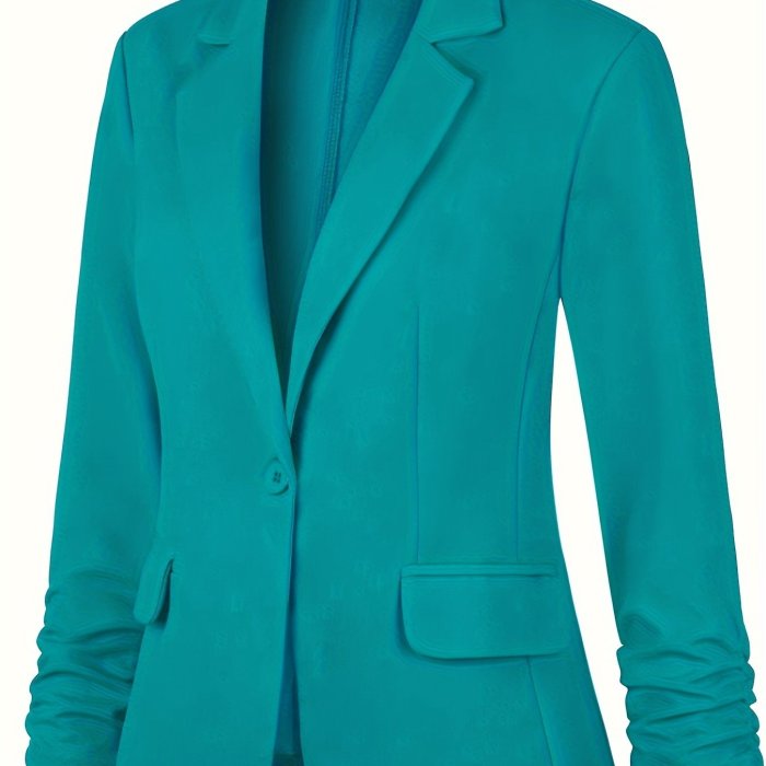 Classic Long Sleeve Solid Color Polyester Blazer - Elegant Ruched Sleeve, Single Button Placket, Two Pockets, Mid Elasticity, Regular Length, Machine Washable - Perfect for Office, Work, and Spring\u002FFall Seasons