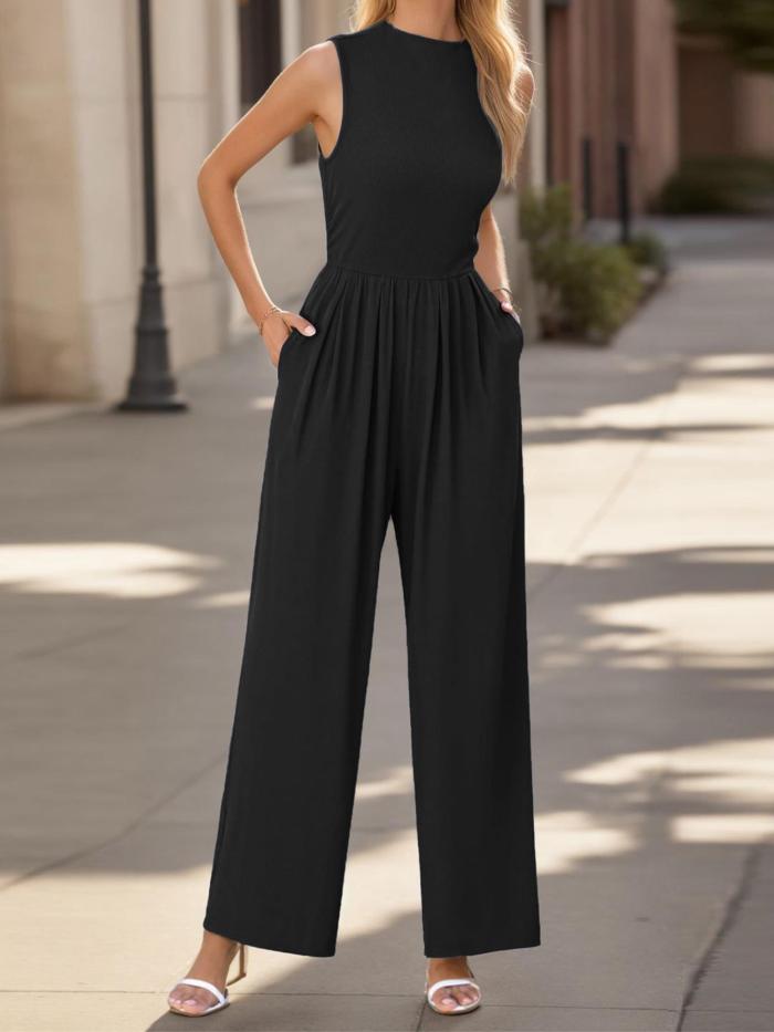 Solid Ruched Straight Leg Jumpsuit, Casual Mock Neck Slant Pockets Sleeveless Jumpsuit For Spring & Summer, Women's Clothing