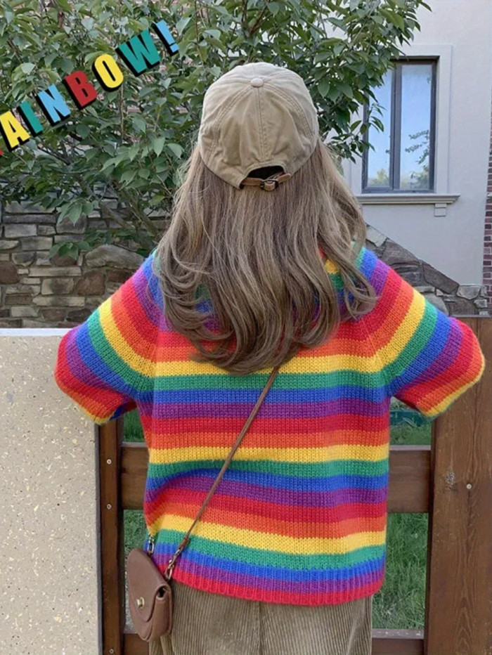 Rainbow Pattern Crew Neck Sweater, Casual Long Sleeve Drop Shoulder Sweater For Fall & Winter, Women's Clothing