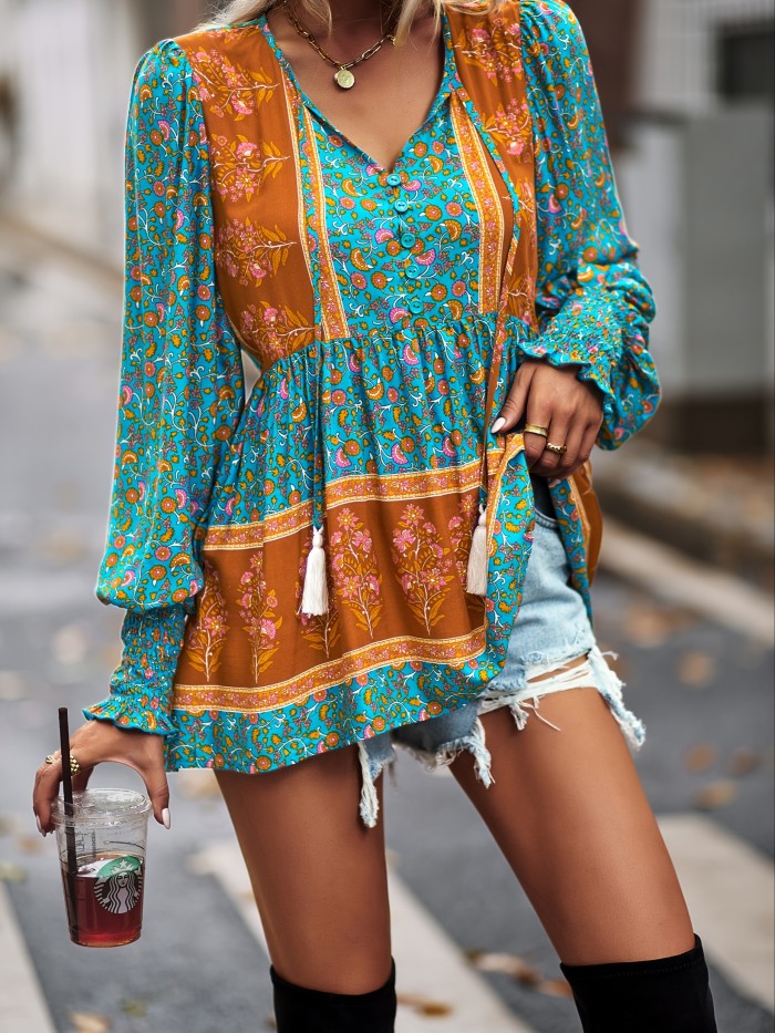 Women's Fall Random Print Color Block Patchwork Long Sleeve Midi Skirt With Smocked Cuffs