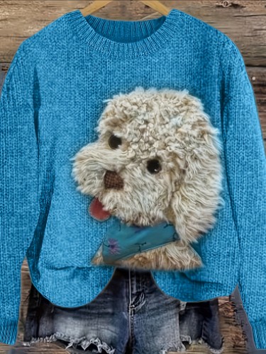 Puppy Print Crew Neck Sweater, Casual Long Sleeve Sweater For Fall & Winter, Women's Clothing