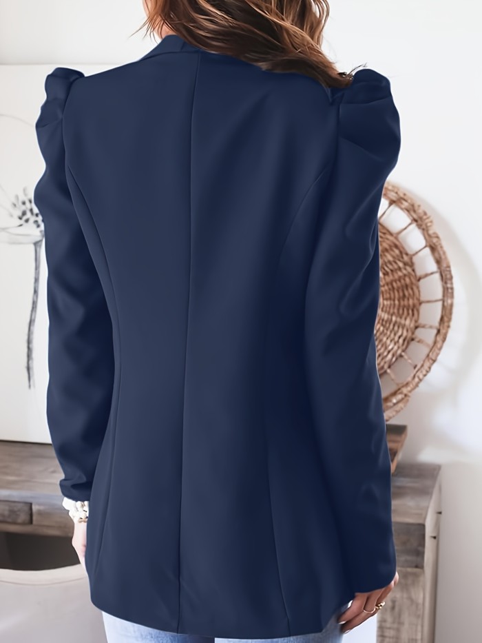 Solid Color Open Front Blazer, Stylish Lapel Puff Long Sleeve Blazer For Spring & Fall, Women's Clothing