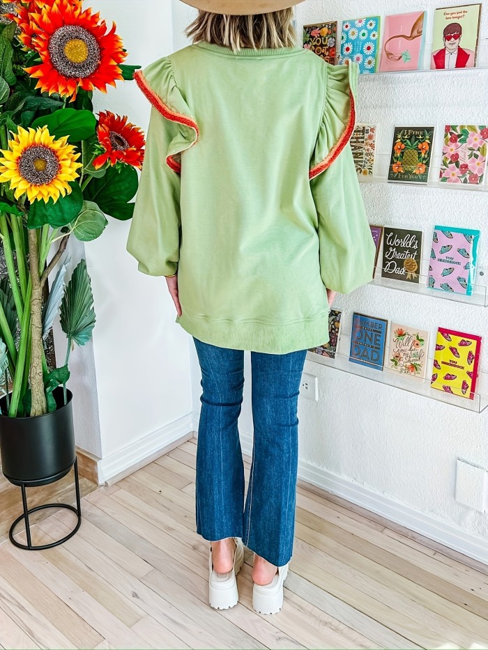 Casual Ruffle Solid Color Pullover Sweatshirt