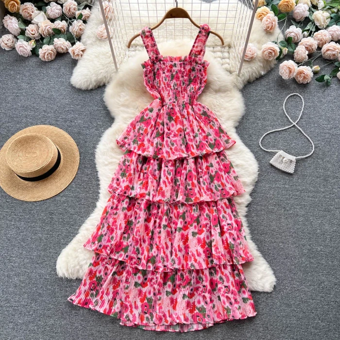 French Haute Couture Niche Sweet Waistband Cake Bow Knot First Love Floral Strap Long Dress