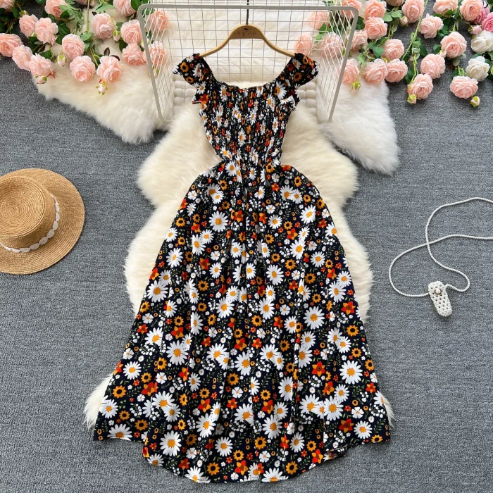 Printing Pleated Sleeveless Party Floral Streetwear Outfits  Vacation Dresses