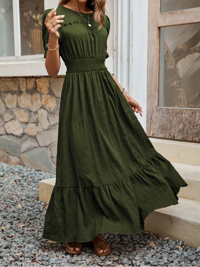 Ruffle Hem Short Sleeve Dress, Vintage Solid Crew Neck Shirred Back Keyhole Ruched Dress, Women's Clothing