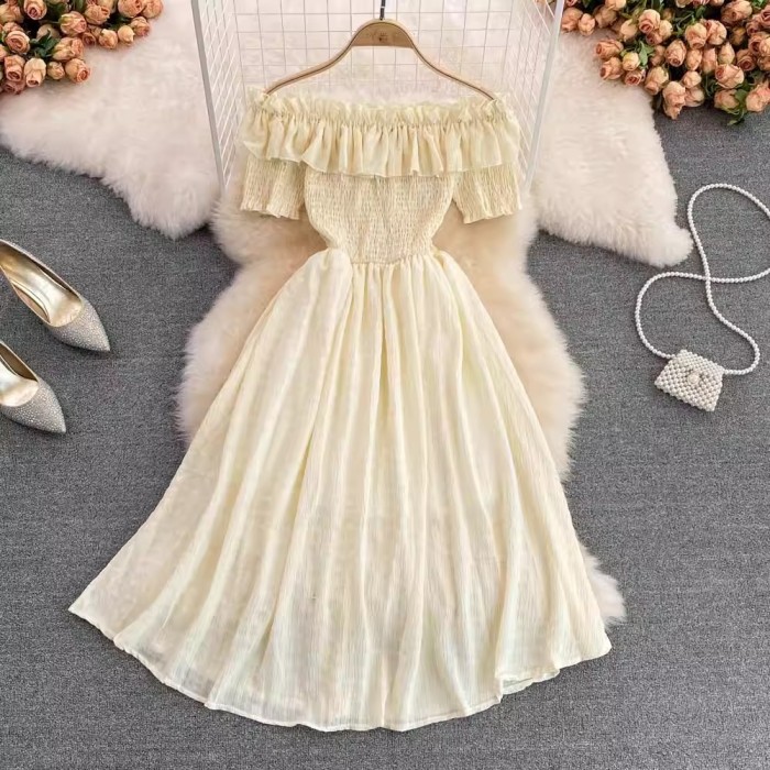 Fashion Ruffled Off Shouders Party  Short Sleeve Vacation Chiffon Beach Vacation Dresses