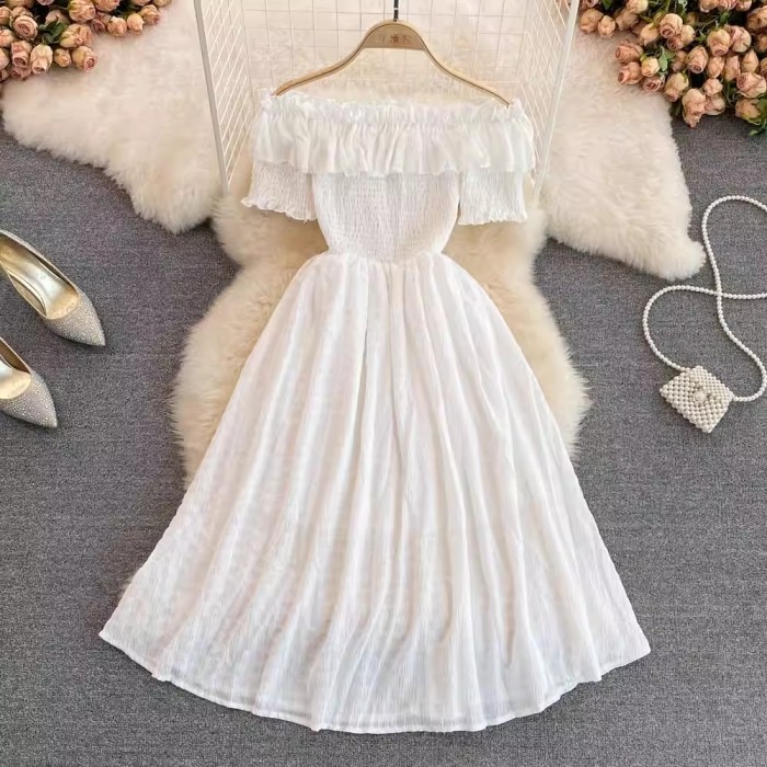 Fashion Ruffled Off Shouders Party  Short Sleeve Vacation Chiffon Beach Vacation Dresses
