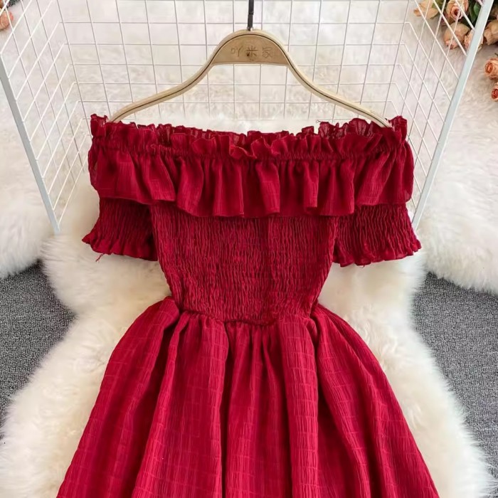 Fashion Ruffled Off Shouders Party  Short Sleeve Vacation Chiffon Beach Vacation Dresses