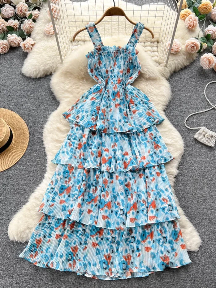 French Haute Couture Niche Sweet Waistband Cake Bow Knot First Love Floral Strap Long Dress
