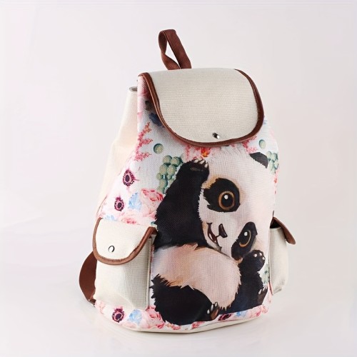 Cute Panda Flap Drawstring Casual Backpack, Portable Sport Bag With Side Pockets, Durable Backpack For Students