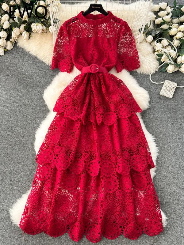 Lace With Belt Patchwork Solid Color High Waist  Sweet Style Maxi Dresses