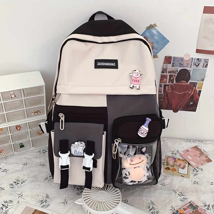 Stylish Solid Color Kawaii Backpack - Durable with Cute Pendant, Multi-Pocket & Zip Closure for School and Travel