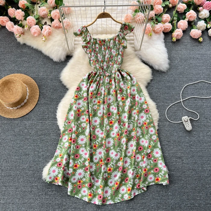 Printing Pleated Sleeveless Party Floral Streetwear Outfits  Vacation Dresses