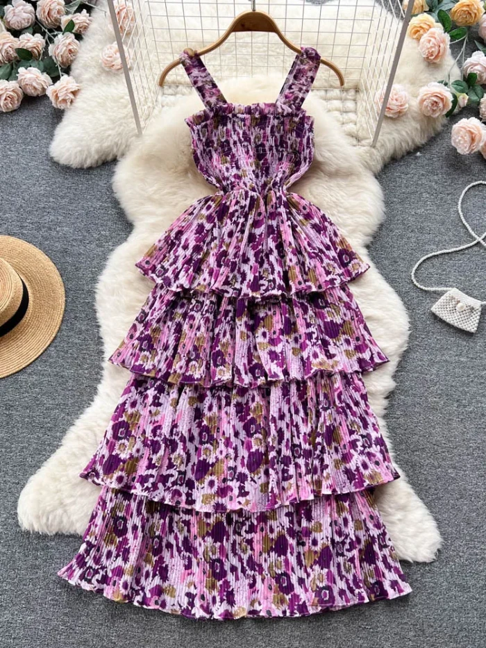 French Haute Couture Niche Sweet Waistband Cake Bow Knot First Love Floral Strap Long Dress