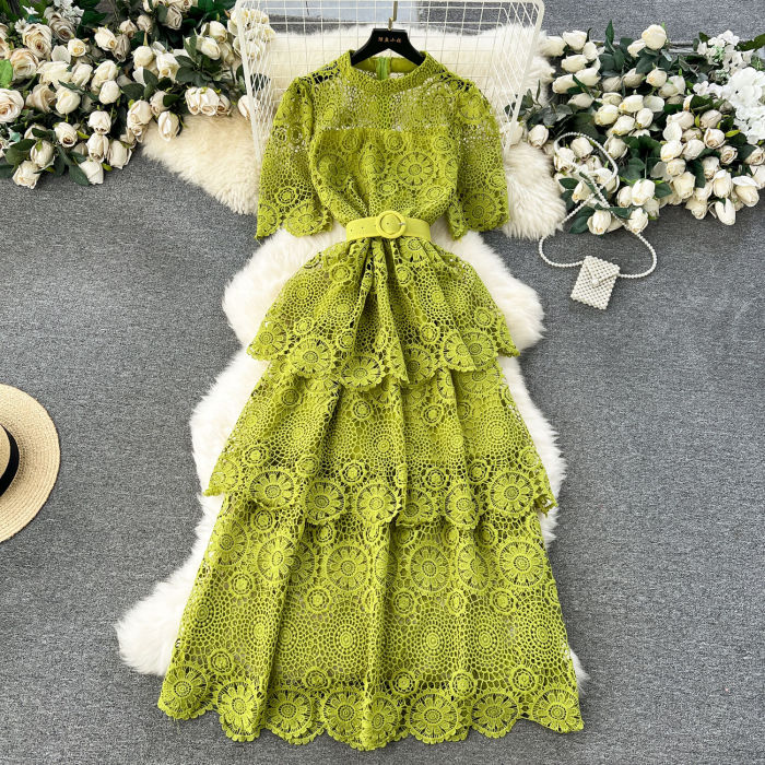 Lace With Belt Patchwork Solid Color High Waist  Sweet Style Maxi Dresses