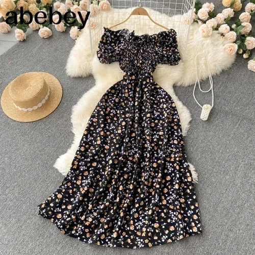 Fashion Floral Robe Print Ruffle  Bohemian Sexy Casual Elegant Strapless Maxi Dresses