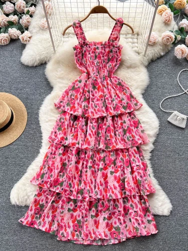 French Haute Couture Niche Sweet Waistband Cake Bow Knot First Love Floral Strap Long Dress