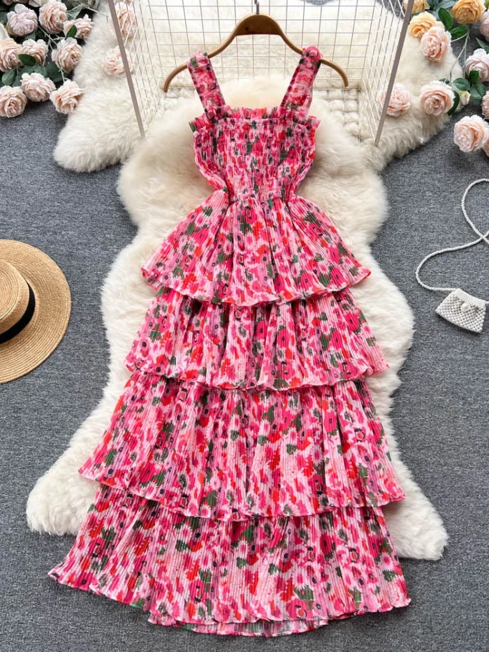 French Haute Couture Niche Sweet Waistband Cake Bow Knot First Love Floral Strap Long Dress