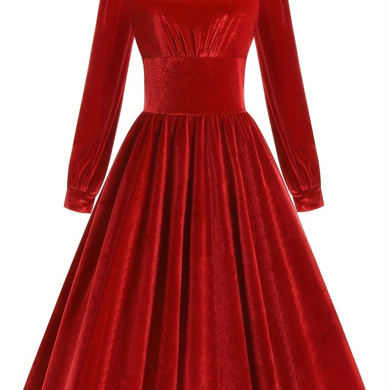 Solid Pleated Dress, Vintage Squared Neck Long Sleeve Party Dress, Women's Clothing