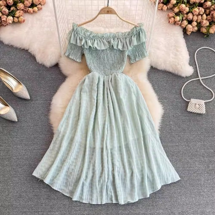 Fashion Ruffled Off Shouders Party  Short Sleeve Vacation Chiffon Beach Vacation Dresses
