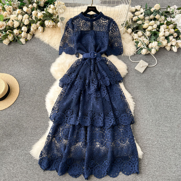 Lace With Belt Patchwork Solid Color High Waist  Sweet Style Maxi Dresses