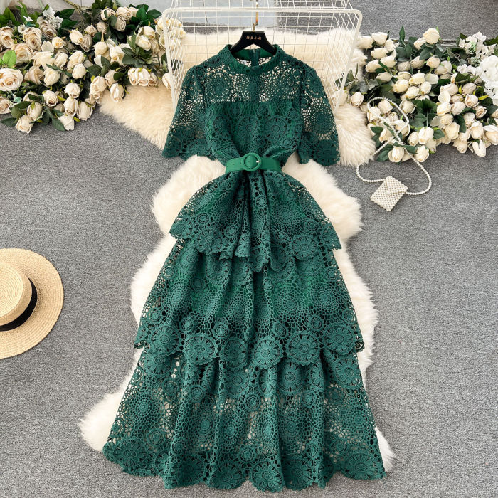Lace With Belt Patchwork Solid Color High Waist  Sweet Style Maxi Dresses