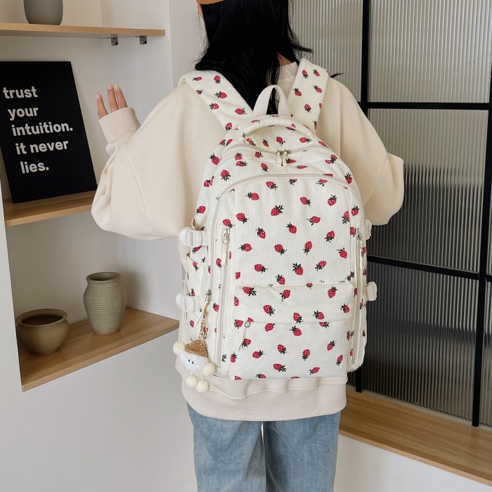 Strawberry Corduroy Fashion Backpack - Adjustable Straps, Laptop & Tablet Compartments, Bottle Holder, Zipper Closure, Random Print Design, Hand Wash Only - Perfect for School and Commuting