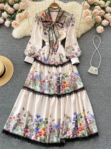 Vintage Elegant  Slim Floral Printed Party Dresses Tie Bow Elastic Waist Lantern  Maxi Dresses