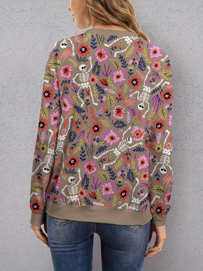 Flower & Skeleton Print Sweatshirt, Casual Crew Neck Long Sleeve Sweatshirt, Women's Clothing