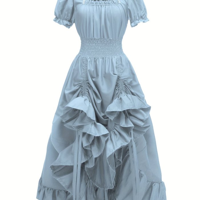 Ruffle Trim Cinched Waist Dress, Vintage Puff Sleeve Solid Color Pintuck Dress For Spring & Summer, Women's Clothing