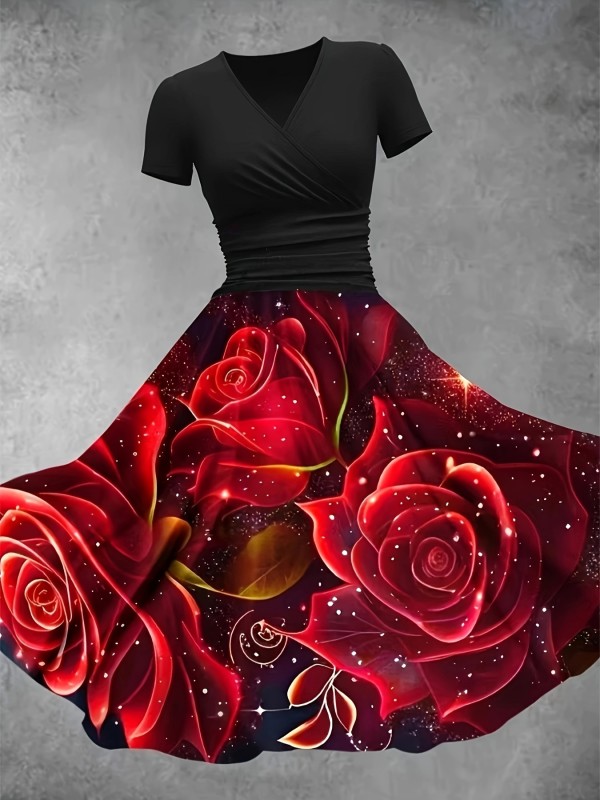 Floral Print Surplice Neck Dress, Vintage Short Sleeve Dress For Spring & Summer, Women's Clothing