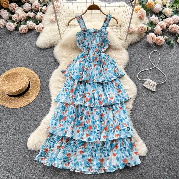 French Haute Couture Niche Sweet Waistband Cake Bow Knot First Love Floral Strap Long Dress