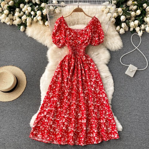 Chic Fashion Floral Print Elegant High Waist Big Swing Long Party Dress