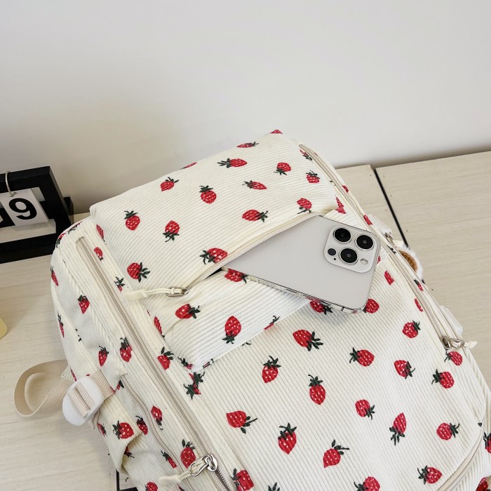 Strawberry Corduroy Fashion Backpack - Adjustable Straps, Laptop & Tablet Compartments, Bottle Holder, Zipper Closure, Random Print Design, Hand Wash Only - Perfect for School and Commuting