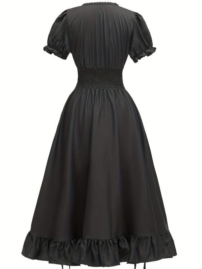 Ruffle Trim Cinched Waist Dress, Vintage Puff Sleeve Solid Color Pintuck Dress For Spring & Summer, Women's Clothing