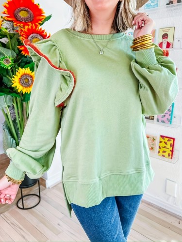 Casual Ruffle Solid Color Pullover Sweatshirt