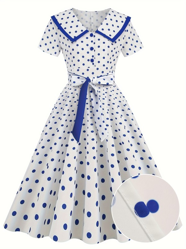 Polka-dot Print Ruffle Hem Aline Dress, Vintage Peter Pan Collar Swing Belted Dress For Spring & Summer, Women's Clothing