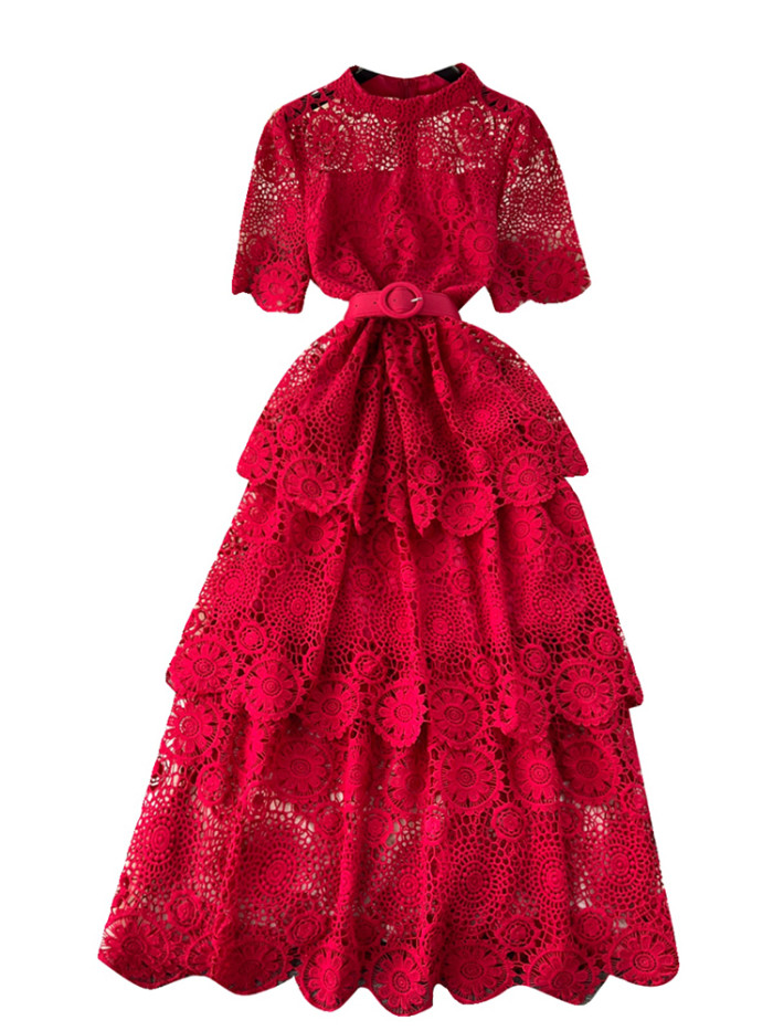 Lace With Belt Patchwork Solid Color High Waist  Sweet Style Maxi Dresses